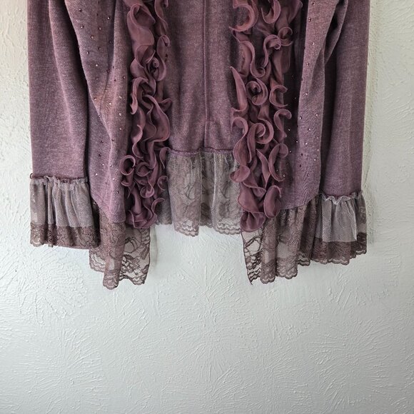 Fairycore Ruffle Cardigan M Purple Lace Bow Rhinestone Y2K Whimsigoth Sweater - Picture 4 of 13